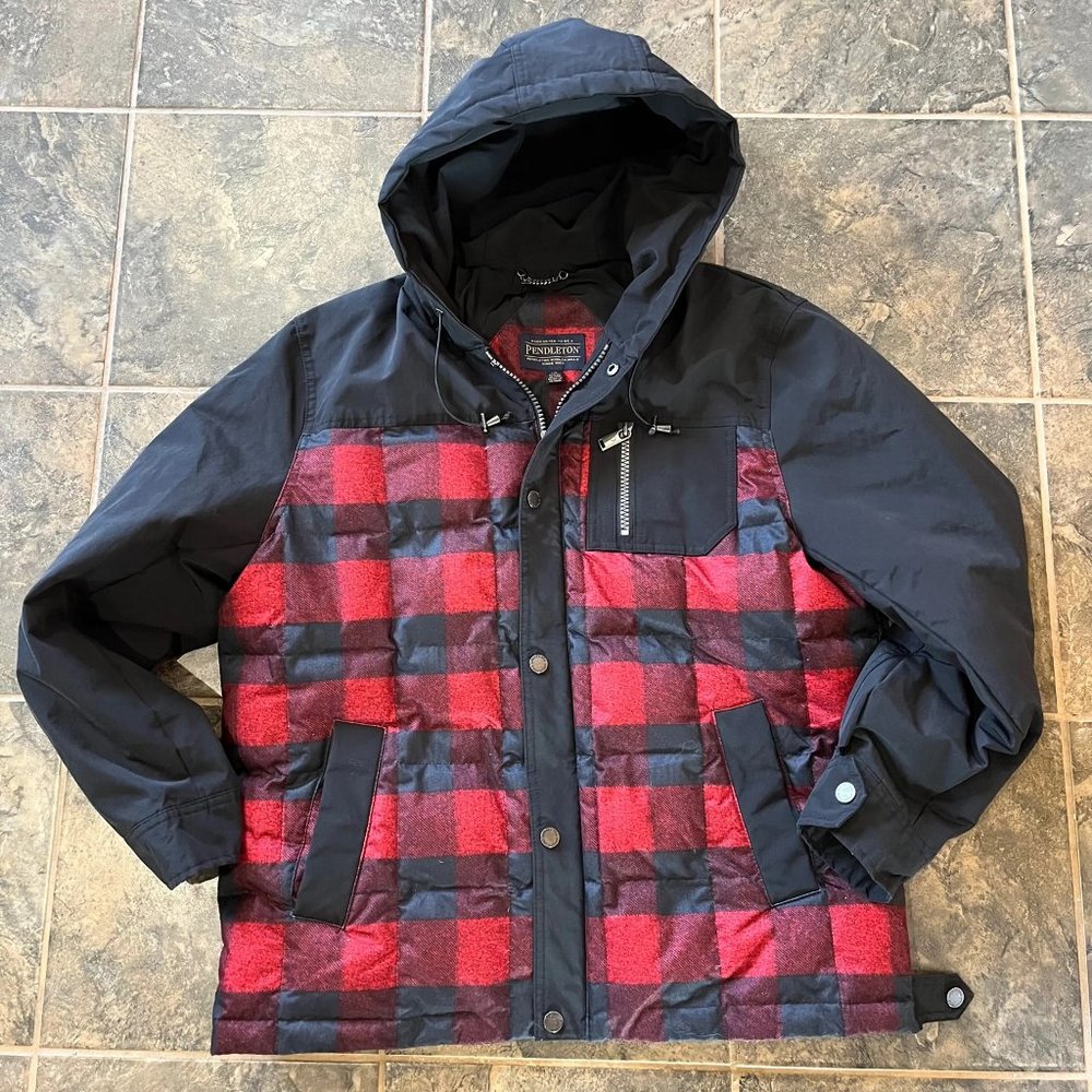Men's Pendleton 650 Fill Down Puffer Jacket Red/Black Buffalo Plaid, Size XXL